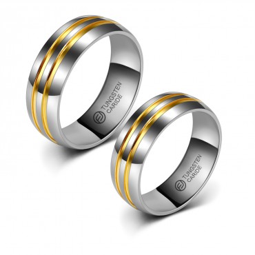 Aliança de Tungstênio Prateada com Dois Fios Dourado 8mm (FJ31-8)
