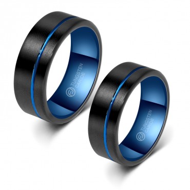 Aliança de Tungstênio Preta com Listra Lateral Azul 8mm (FJ66-8) Aliança de Tungstênio Preta com Listra Lateral Azul 8mm (FJ66-8)