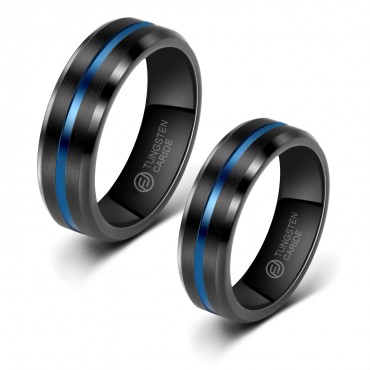 Aliança de Tungstênio Preta com Listra Azul 6mm (FJ67-6)