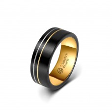 Anel De Tungstênio Preto Com Listras Dourada e Cinza Na Lateral 8mm (FJ55-8) Anel De Tungstênio Preto Com Listras Dourada e Cinza Na Lateral 8mm (FJ55-8)