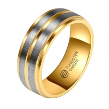 Anel De Tungstênio Dourado Com Duas Listras Cinzas 8mm (FJ56-8)