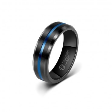Anel de Tungstênio Preto com Listra Azul 6mm (FJ67-6) Anel de Tungstênio Preto com Listra Azul 6mm (FJ67-6)