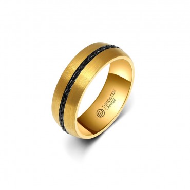 Anel de Tungstênio Dourado Fosco com Fio Preto 8mm (FJ80-8)